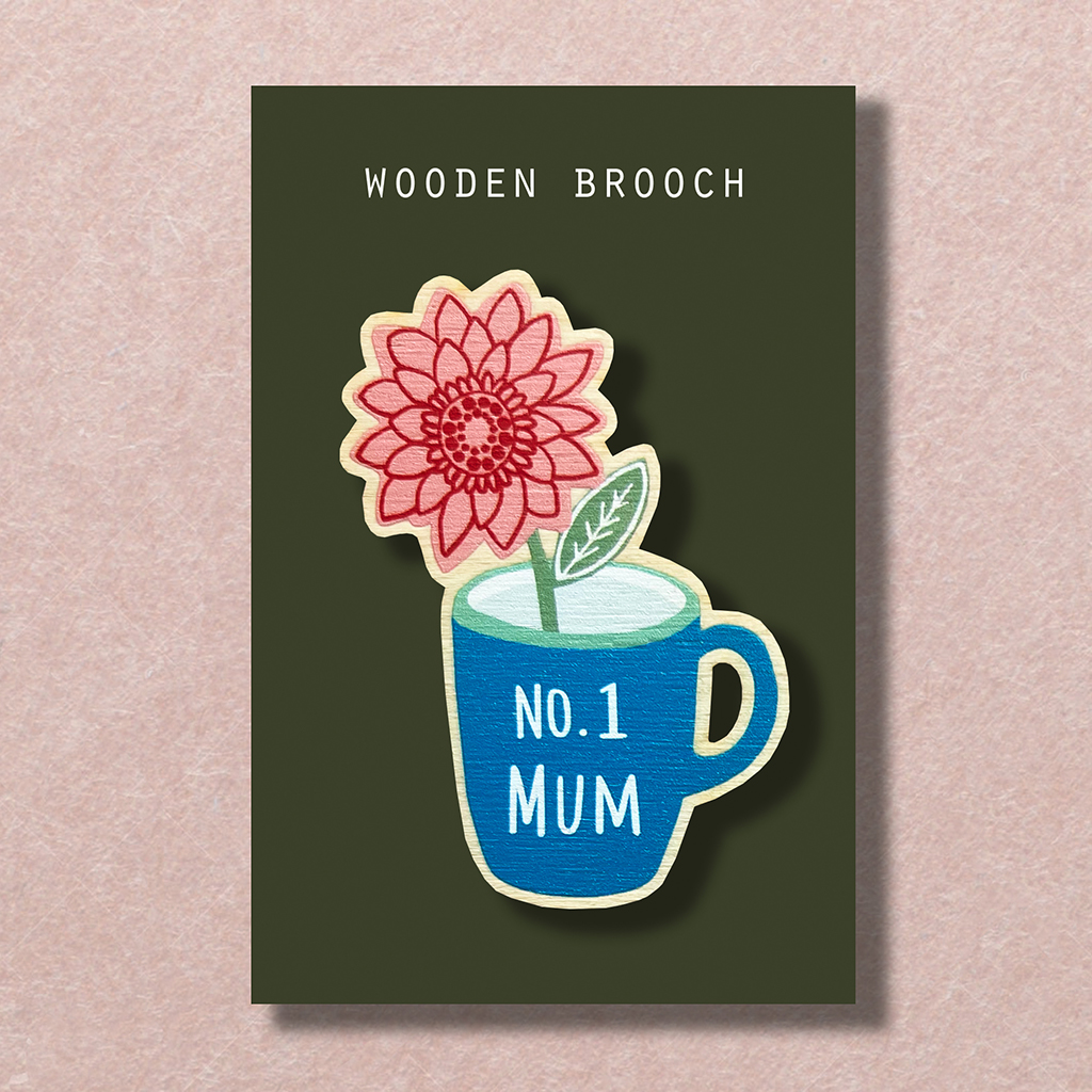 WB8 Mum Flower in Mug Wood Brooch