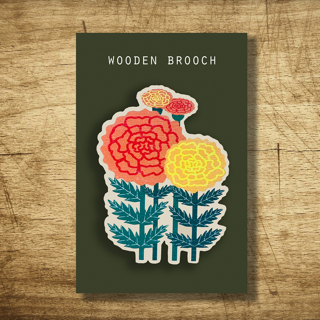 WB1 Holly Marigold Wood Brooch